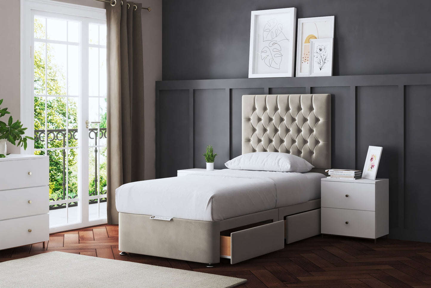 SERAPHINE CHESTERFIELD DIVAN BED WITH TWO DRAWERS AND OPTIONAL MATTRESS