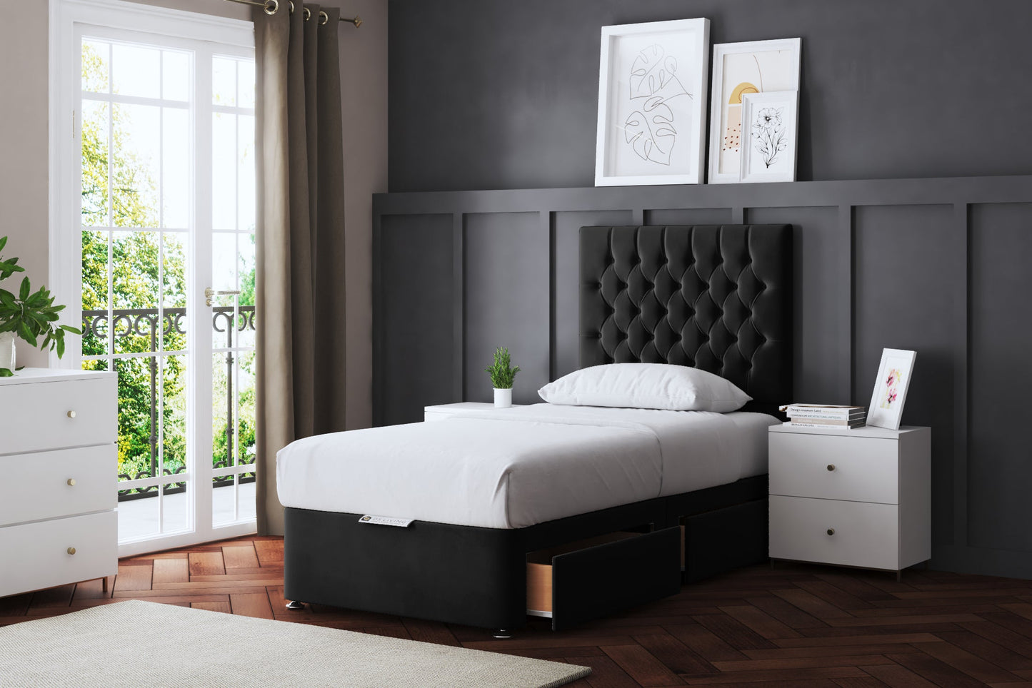 SERAPHINE CHESTERFIELD DIVAN BED WITH TWO DRAWERS AND OPTIONAL MATTRESS