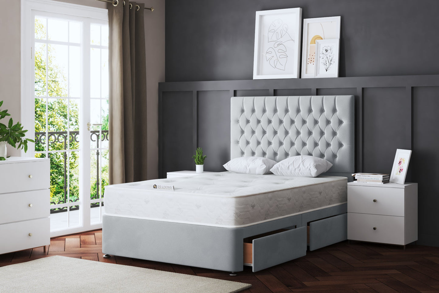 SERAPHINE CHESTERFIELD DIVAN BED WITH TWO DRAWERS AND OPTIONAL MATTRESS