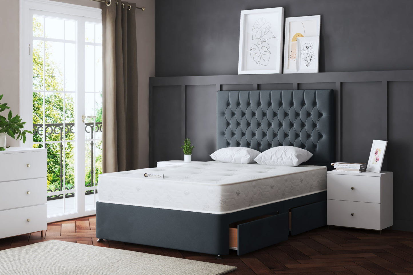 SERAPHINE CHESTERFIELD DIVAN BED WITH TWO DRAWERS AND OPTIONAL MATTRESS