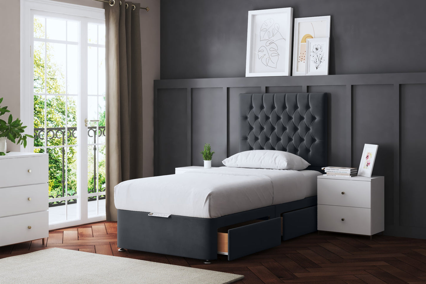 SERAPHINE CHESTERFIELD DIVAN BED WITH TWO DRAWERS AND OPTIONAL MATTRESS